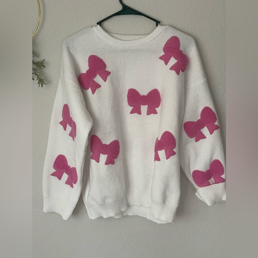 White and Pink Bow sweater